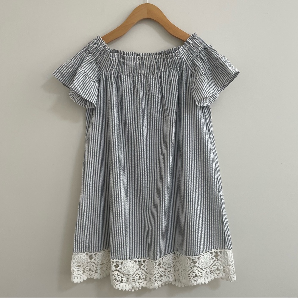 Loft Beach Seersucker Striped Dress with Lace XXS
